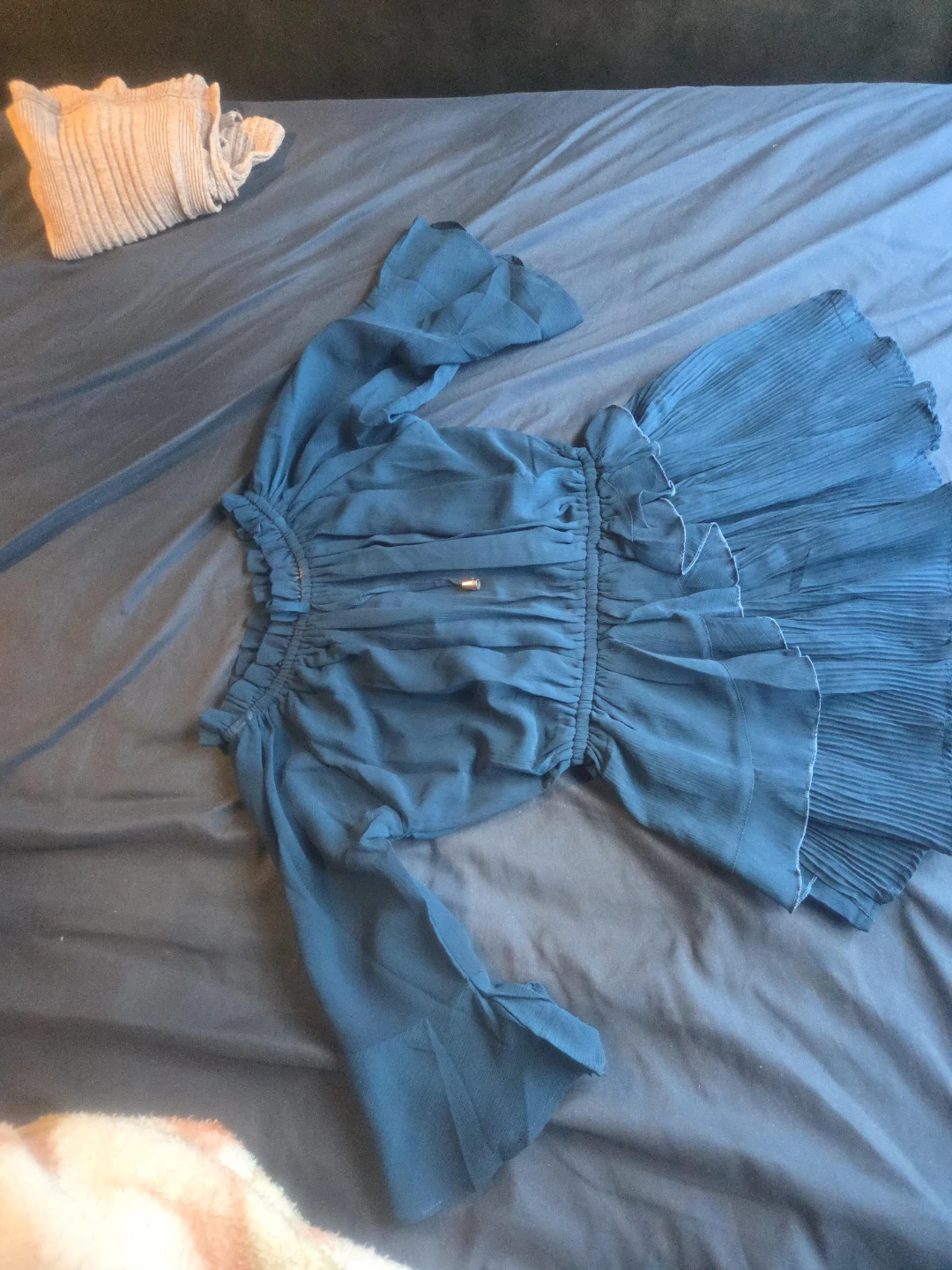 Blue Off-the-Shoulder Blouse with Bell Sleeves