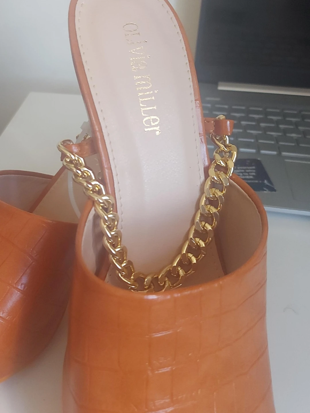 Olivia Miller Orange Croc Mules with Gold Chain - Size 9