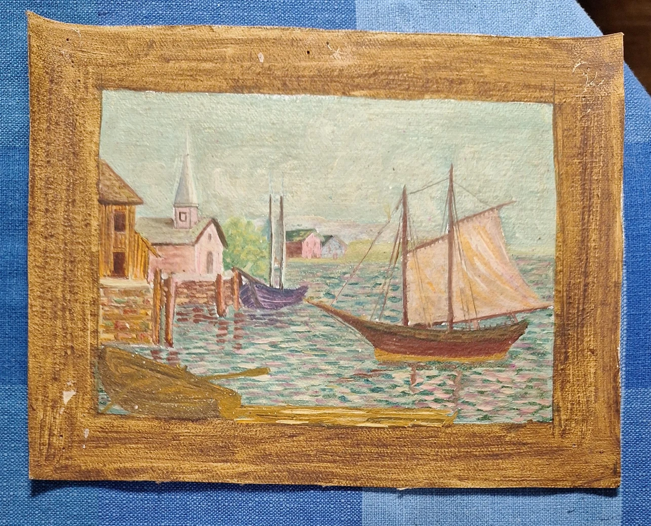 Oil Painting of Sailboats by a Dock