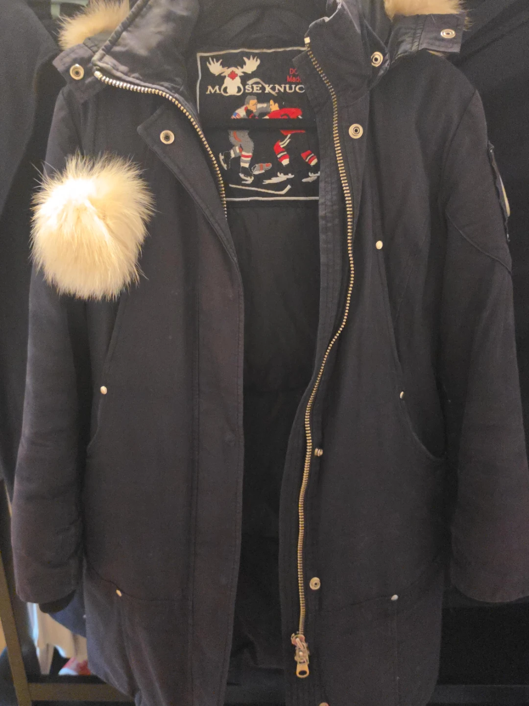 Moose Knuckles Navy Parka Jacket with Fur Trim