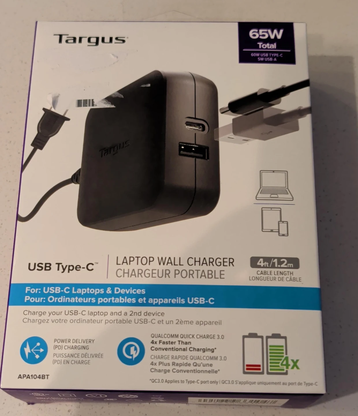 Targus 65W USB-C Laptop Wall Charger with 4ft Cable