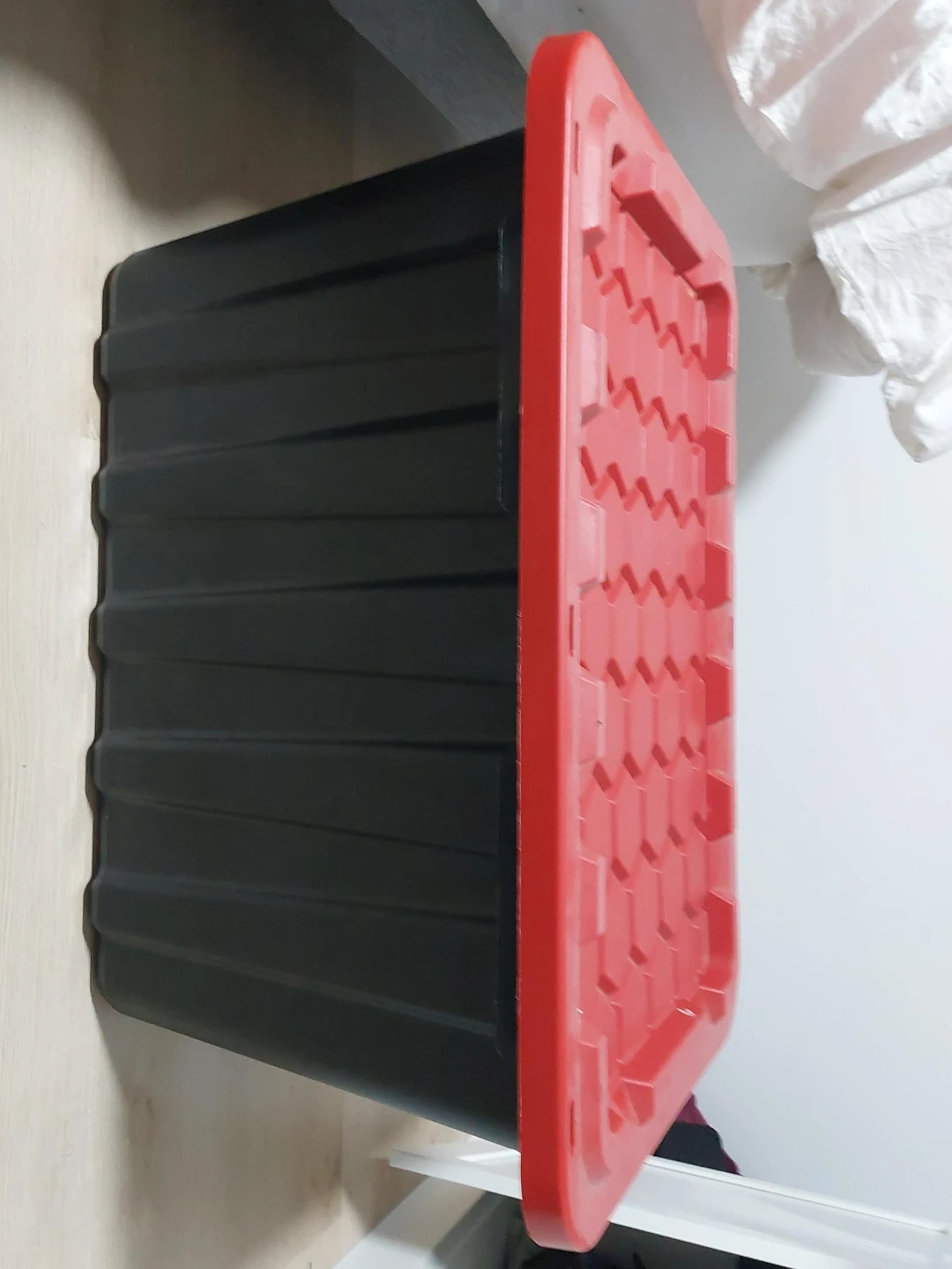 Black Storage Bin with Red Lid