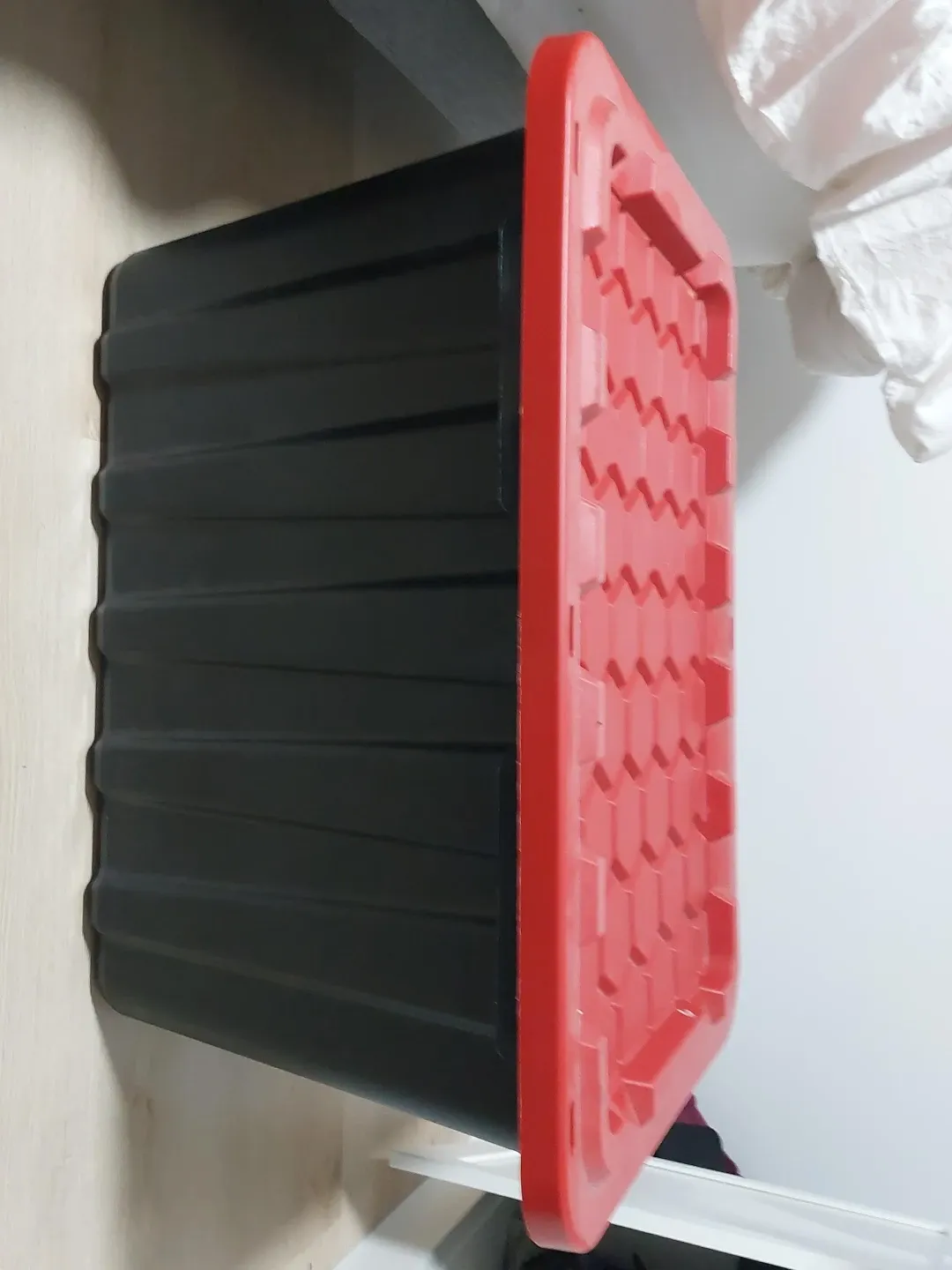 Black Storage Bin with Red Lid
