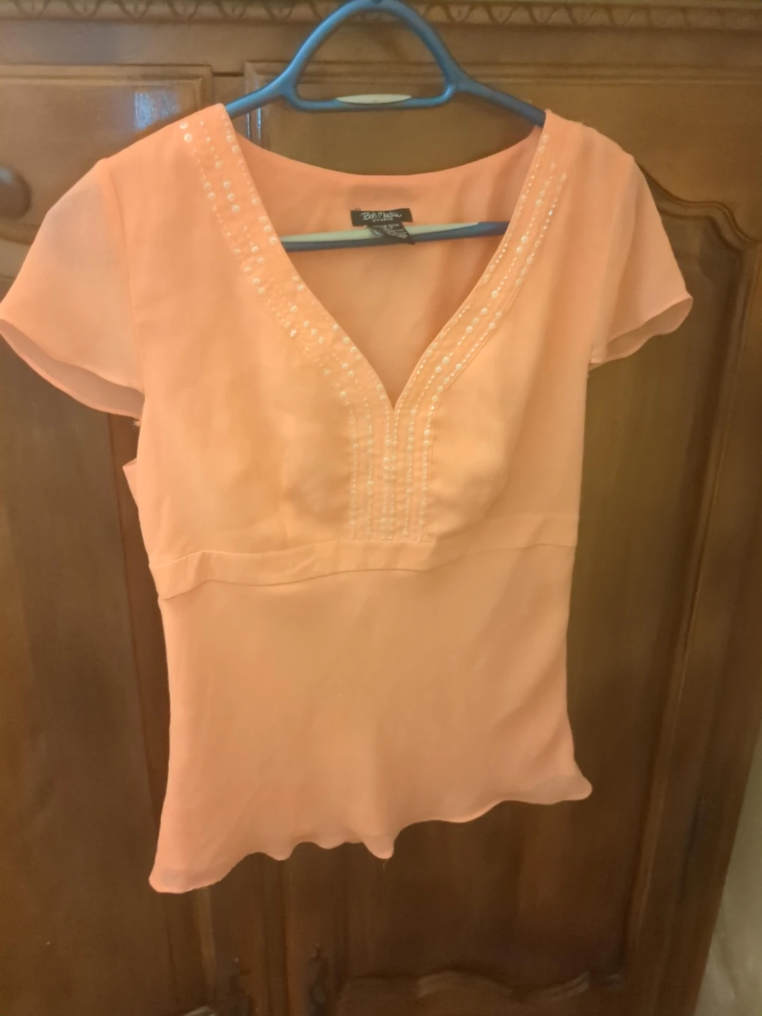 Bob Mackie Studio Peach Beaded V-Neck Top Size 6
