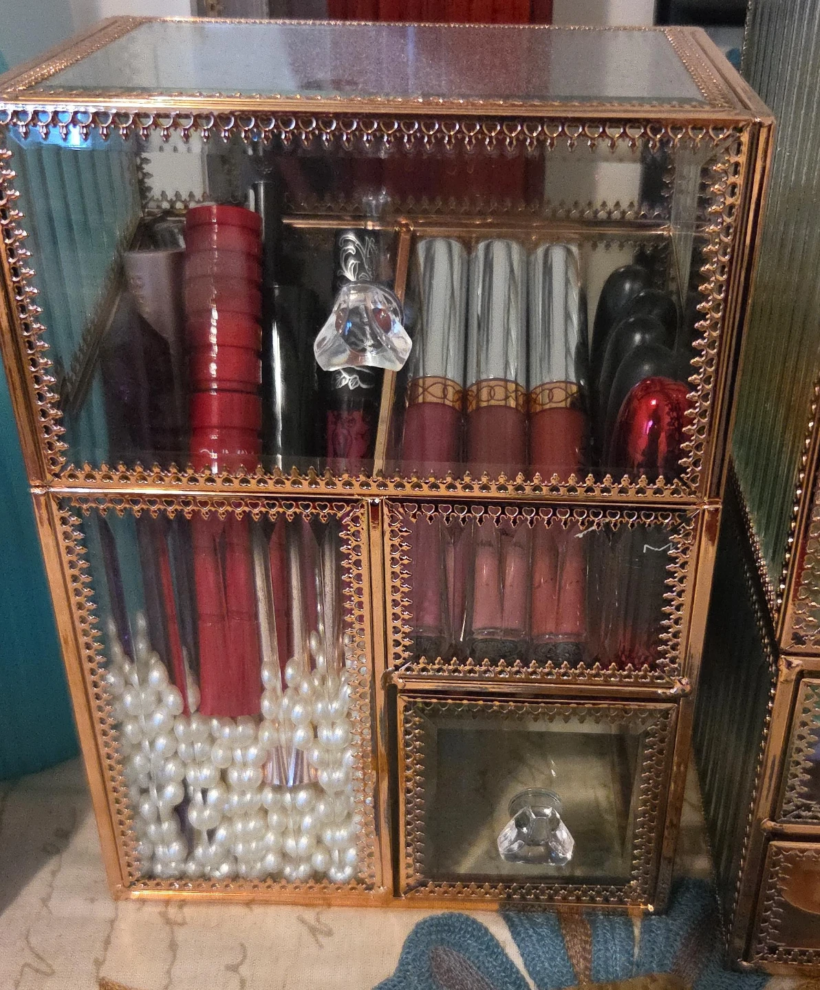 Glass Makeup Organizer with Rose Gold Trim