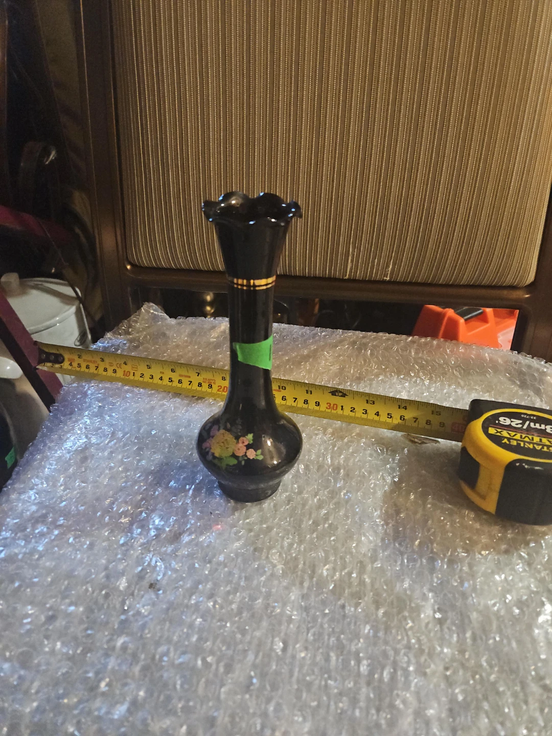 Black Glass Vase with Floral Design