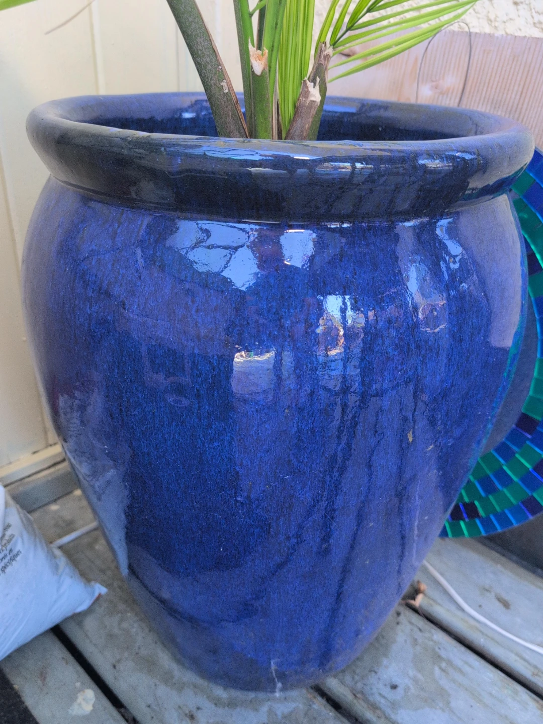2 Large Blue Glazed Ceramic Planter Pot