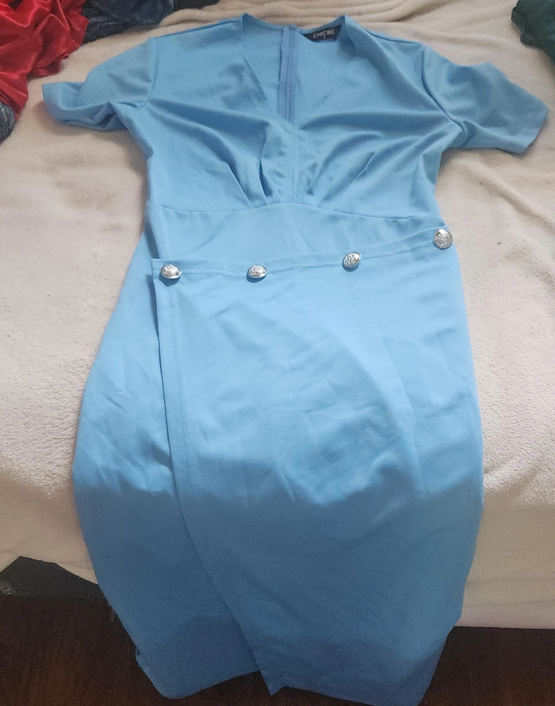 CHICRE Blue Short Sleeve Dress with Button Detail