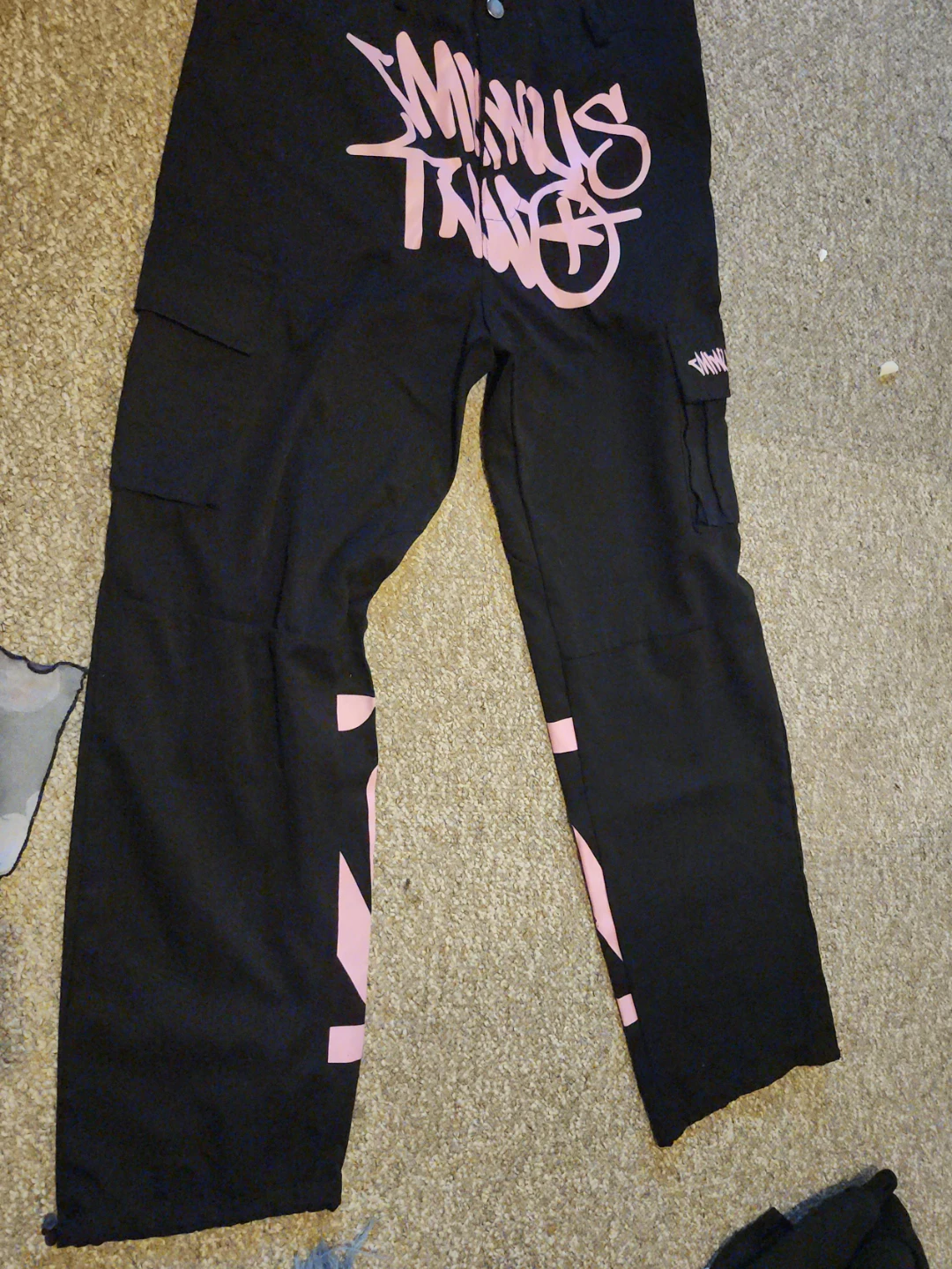 Black Cargo Pants with Pink Graphic Print