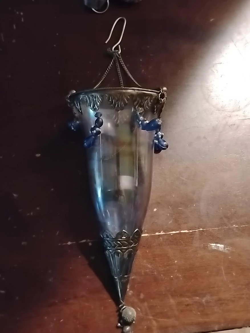 Vintage Glass Hanging Candle Holder with Blue Beaded Accents