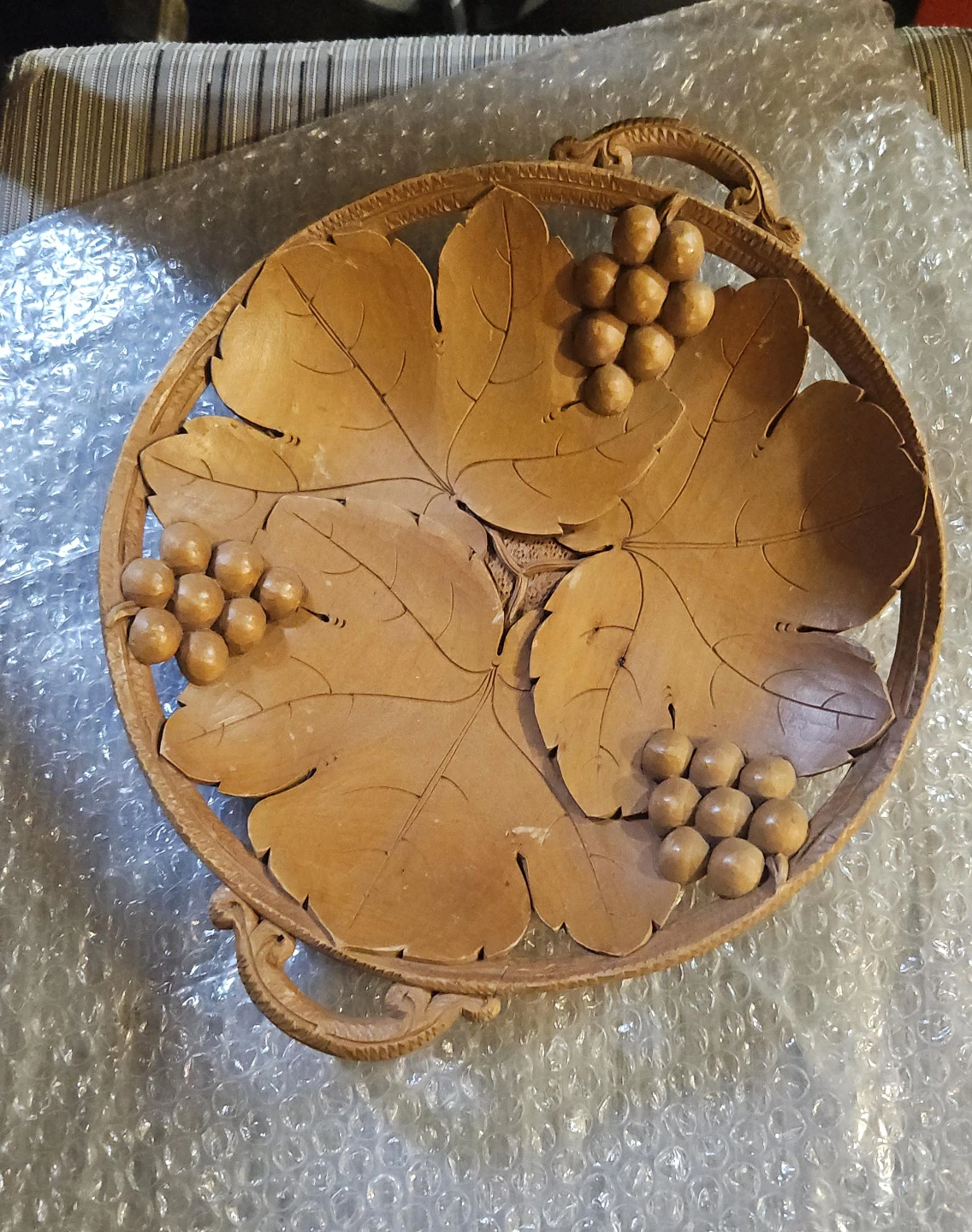 Carved Wooden Tray with Grapes and Leaves