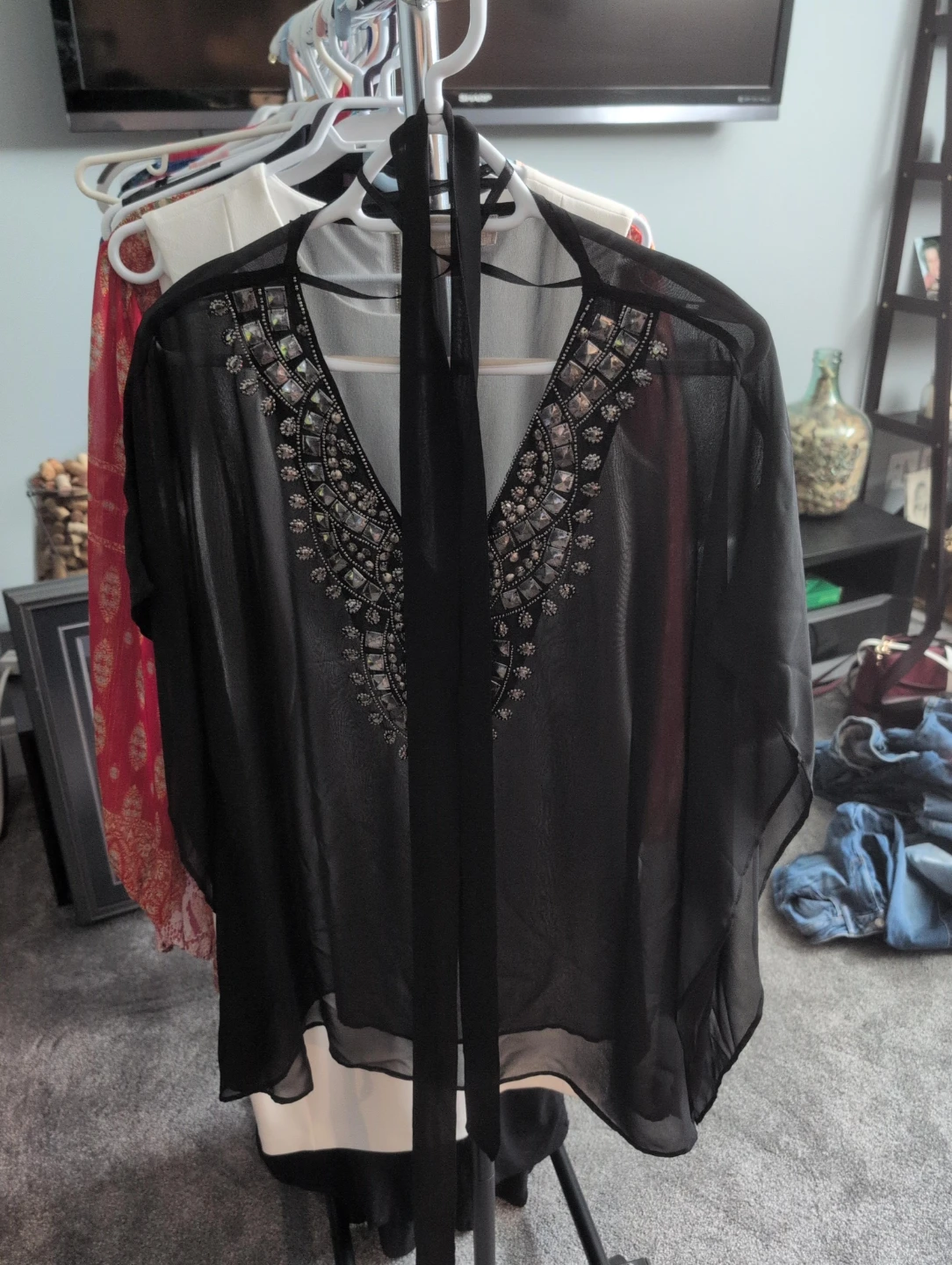 Michael Kors Embellished Sheer Kaftan Top S/M