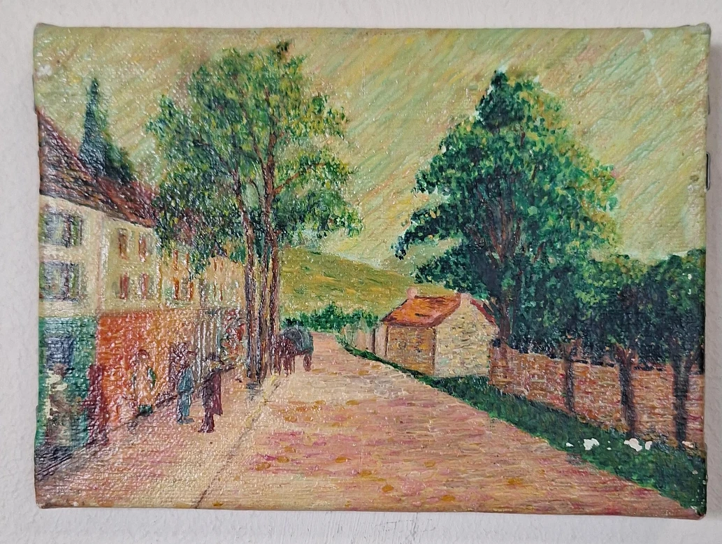 Vintage Oil Painting of a European Street Scene