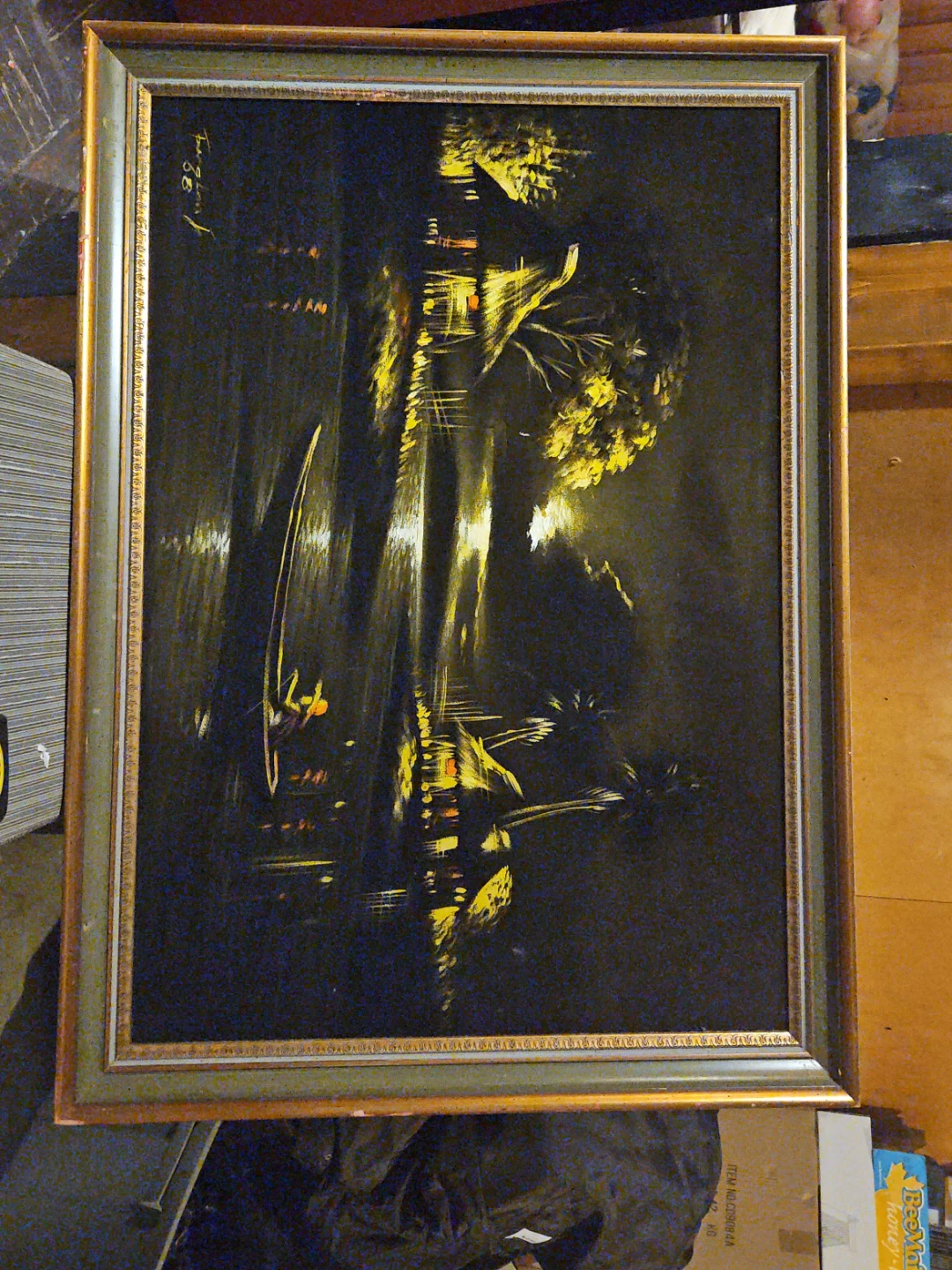 Framed Painting "Night Village Scene" by Tang Loos 1988