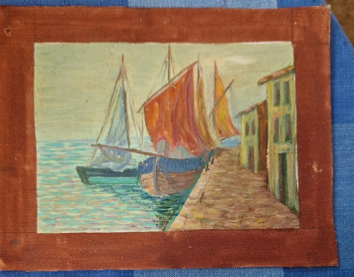 Oil Painting of Sailboats by the Dock