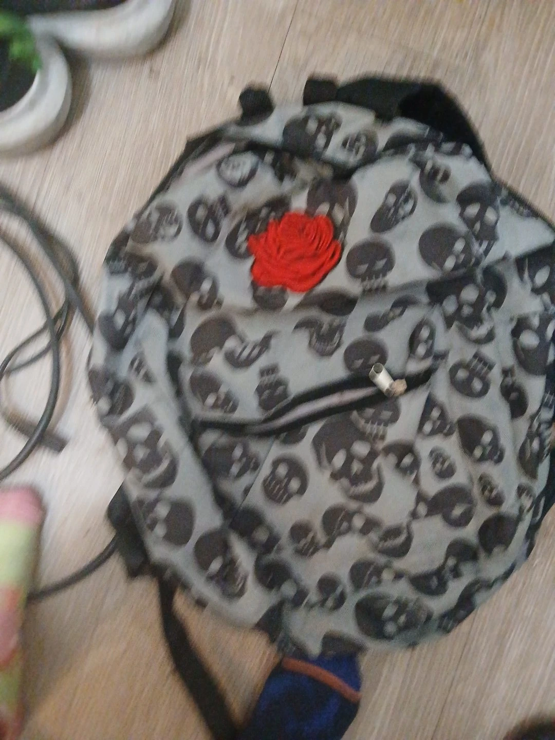 Skull Print Backpack with Red Rose Patch