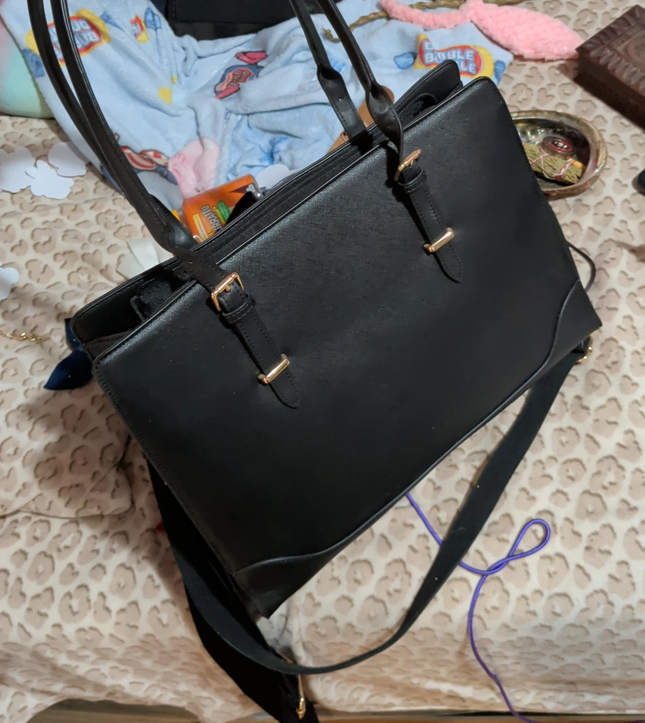 Black Faux Leather Tote Bag