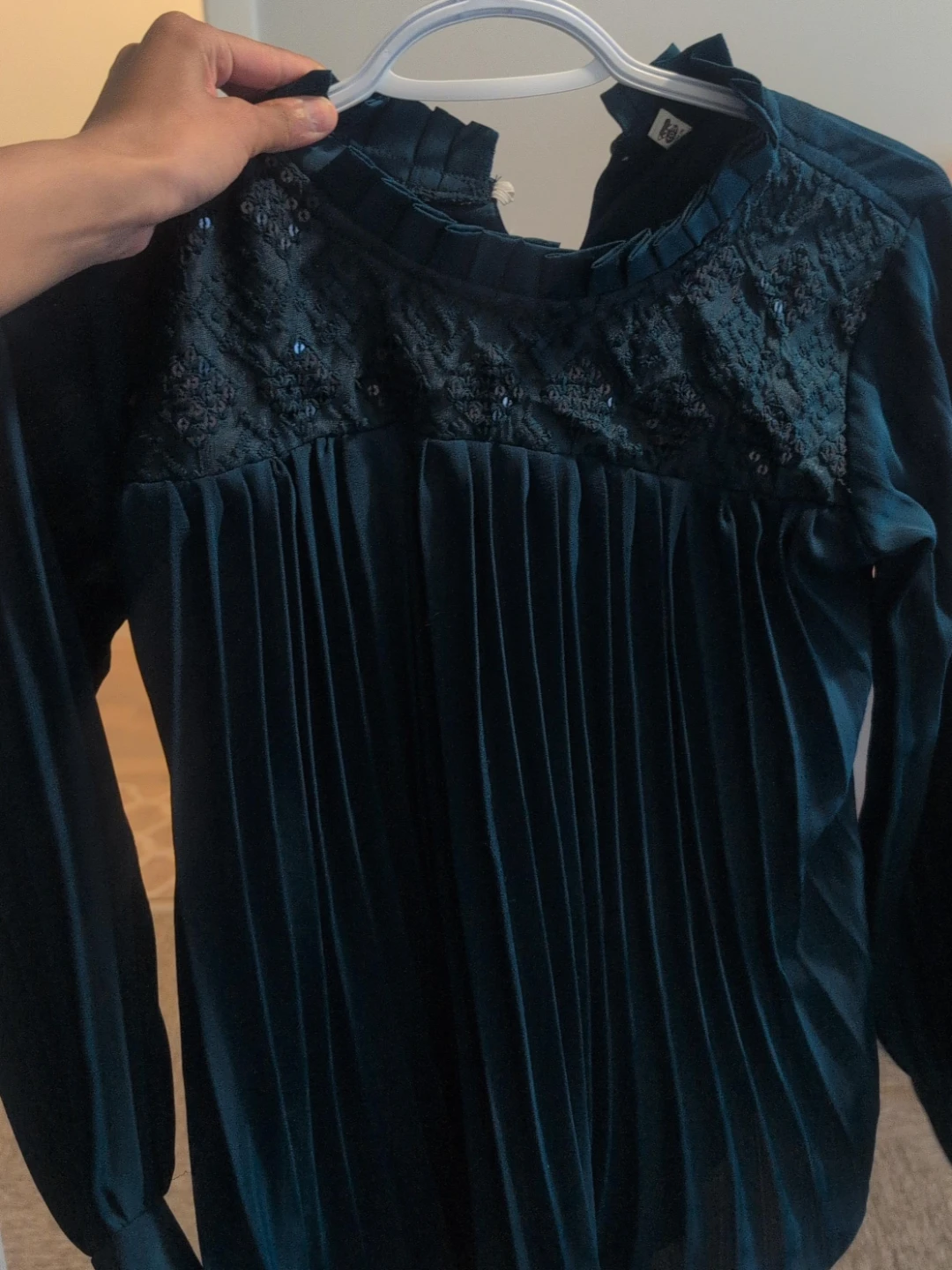 Teal Beaded Yoke Pleated Blouse