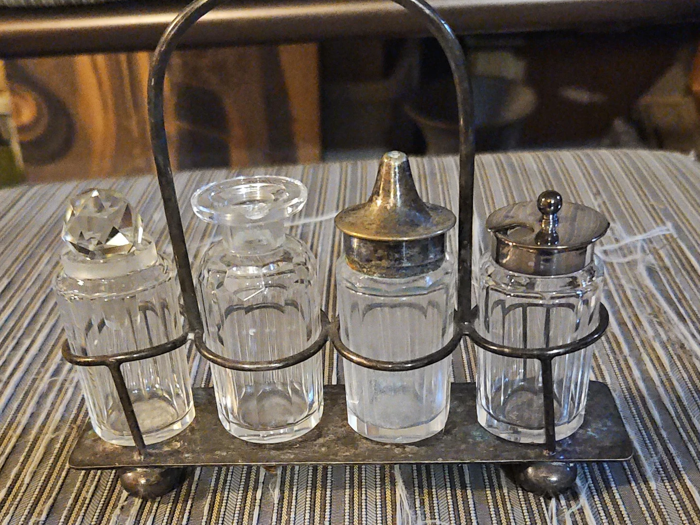 Vintage Glass Condiment Set with Caddy