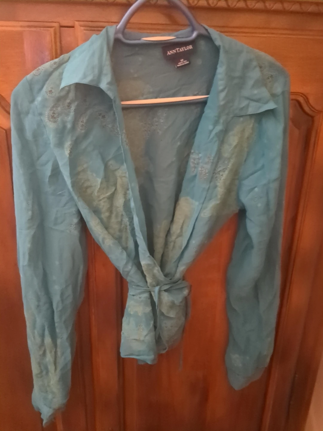 Ann Taylor Teal Paisley Print Silk Wrap Blouse Size 12