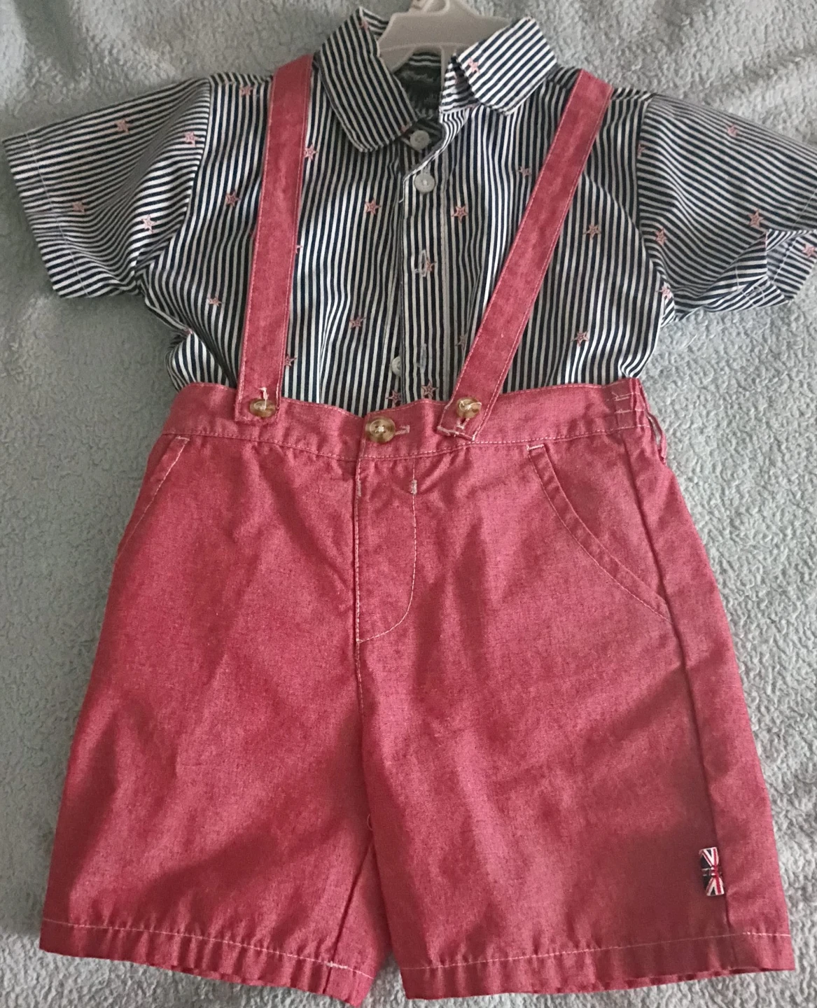 Boys Striped Shirt with Red Suspenders Shorts Outfit