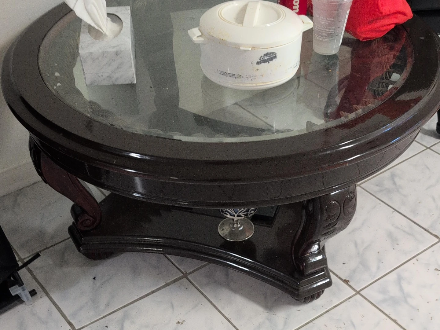Dark Wood Round Coffee Table with Glass Top pick up as it