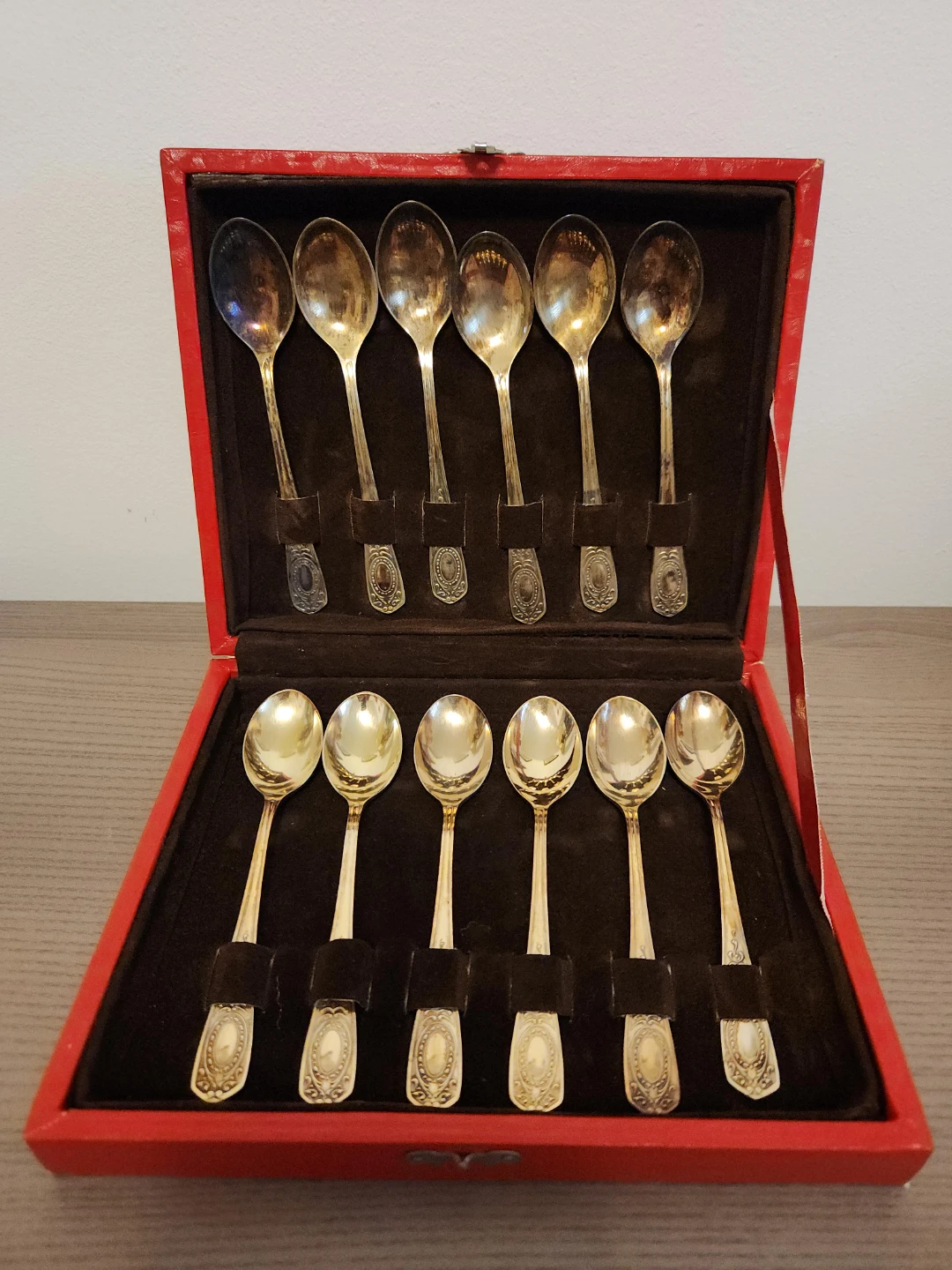 Set of 12 Silver Spoons in Red Case
