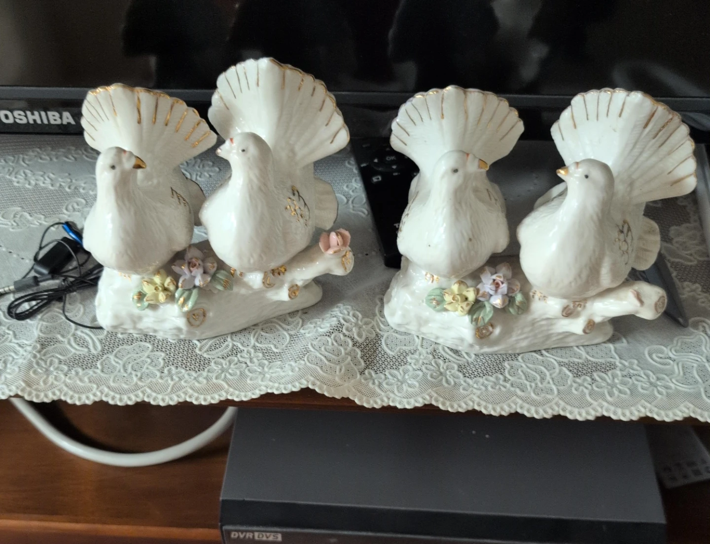 Pair of White Porcelain Doves Figurine with Gold Trim