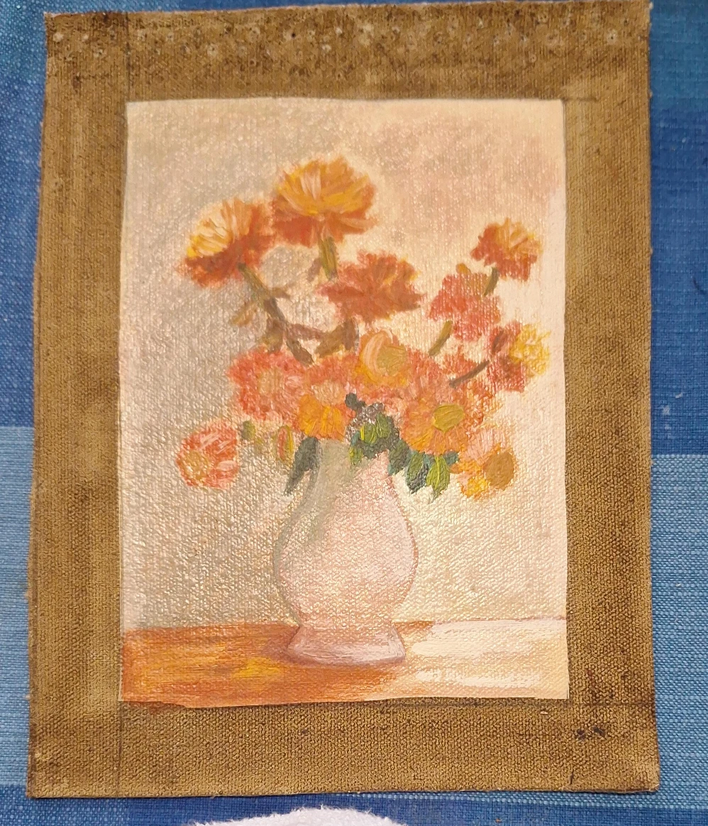 Oil Painting of Orange Flowers in Vase