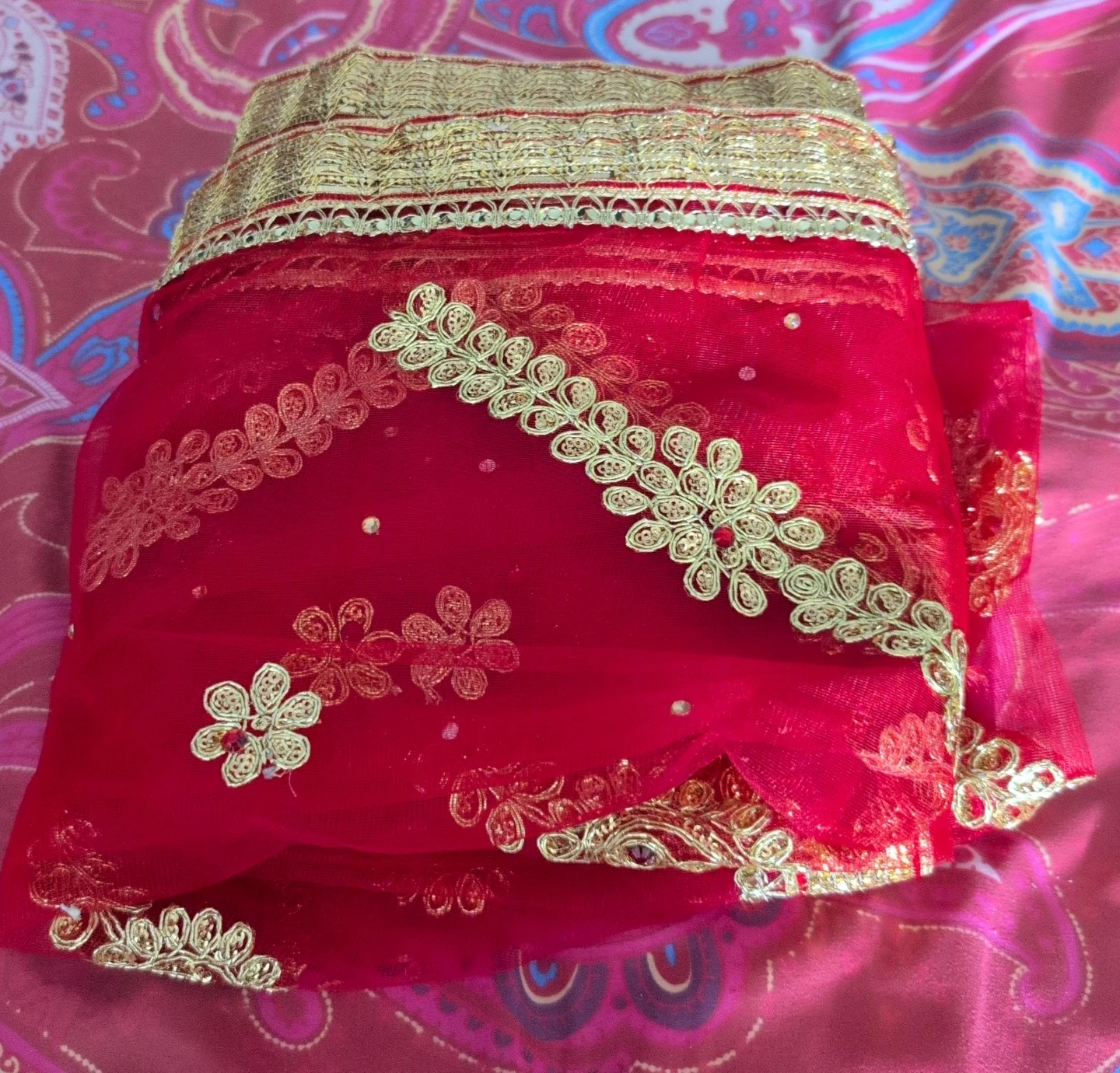 Red and Gold Embroidered Net Dupatta