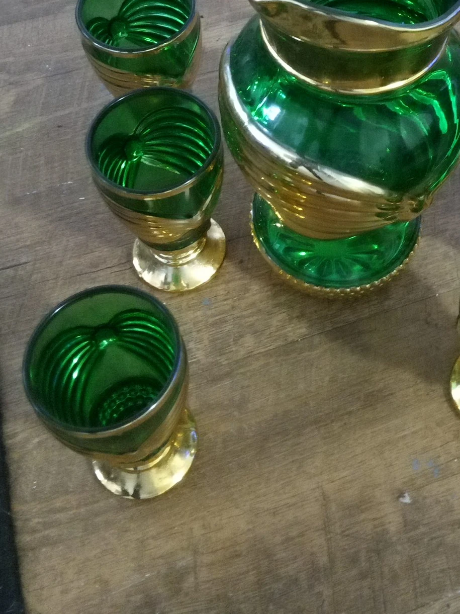 Green Glassware Set with Gold Trim