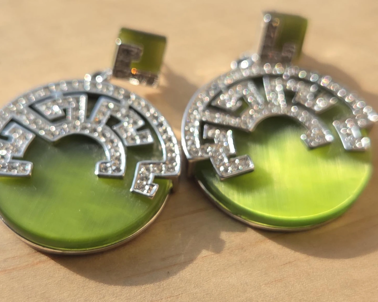 Green Round Earrings with Rhinestone Detail