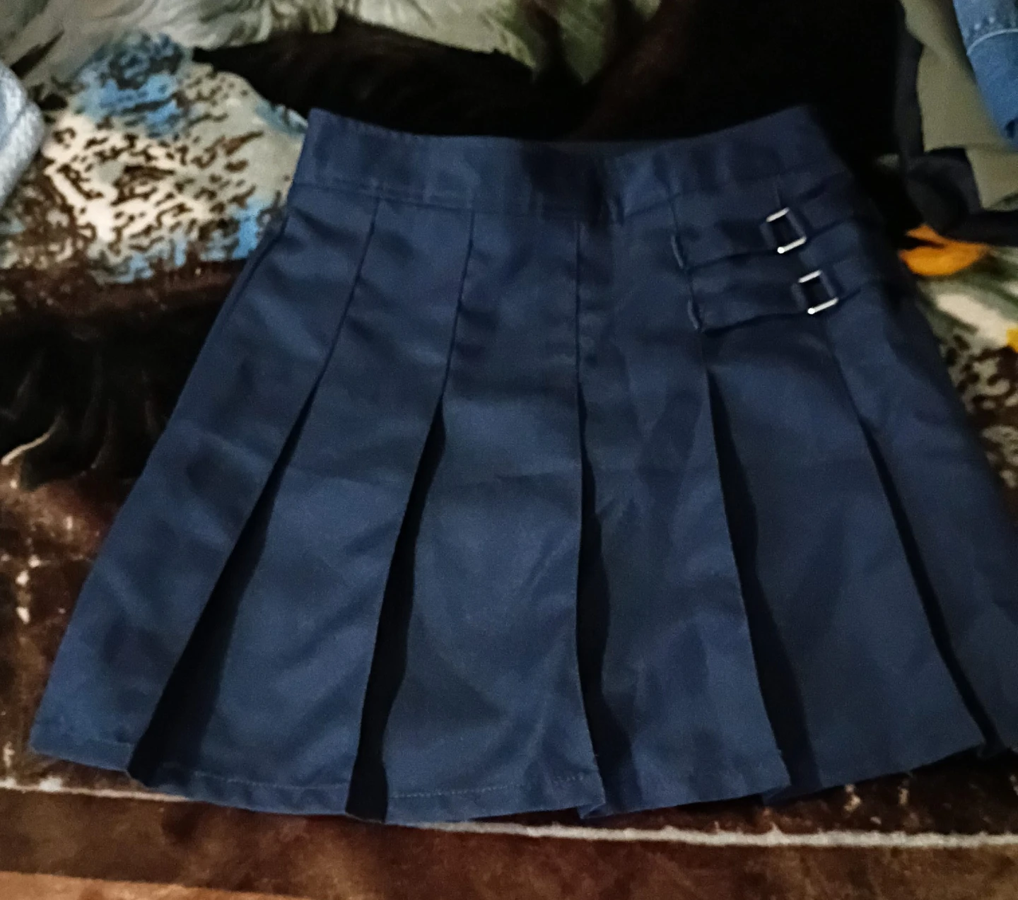 Navy Pleated Skirt with Buckle Detail