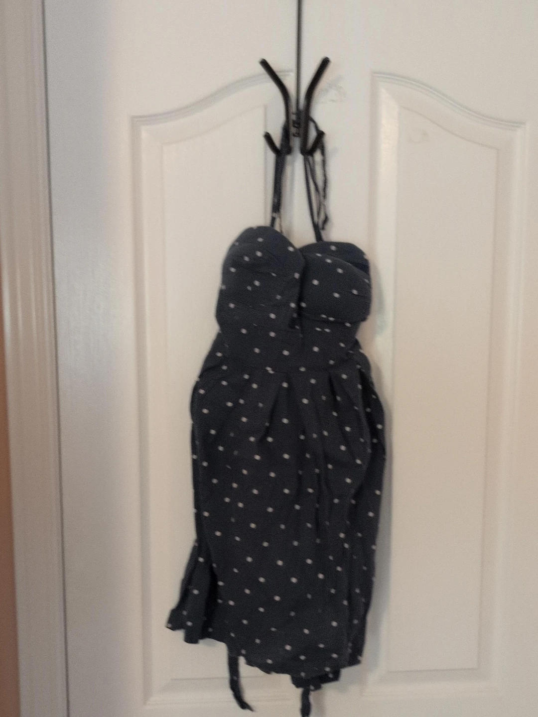 Navy polka dot strapless dress