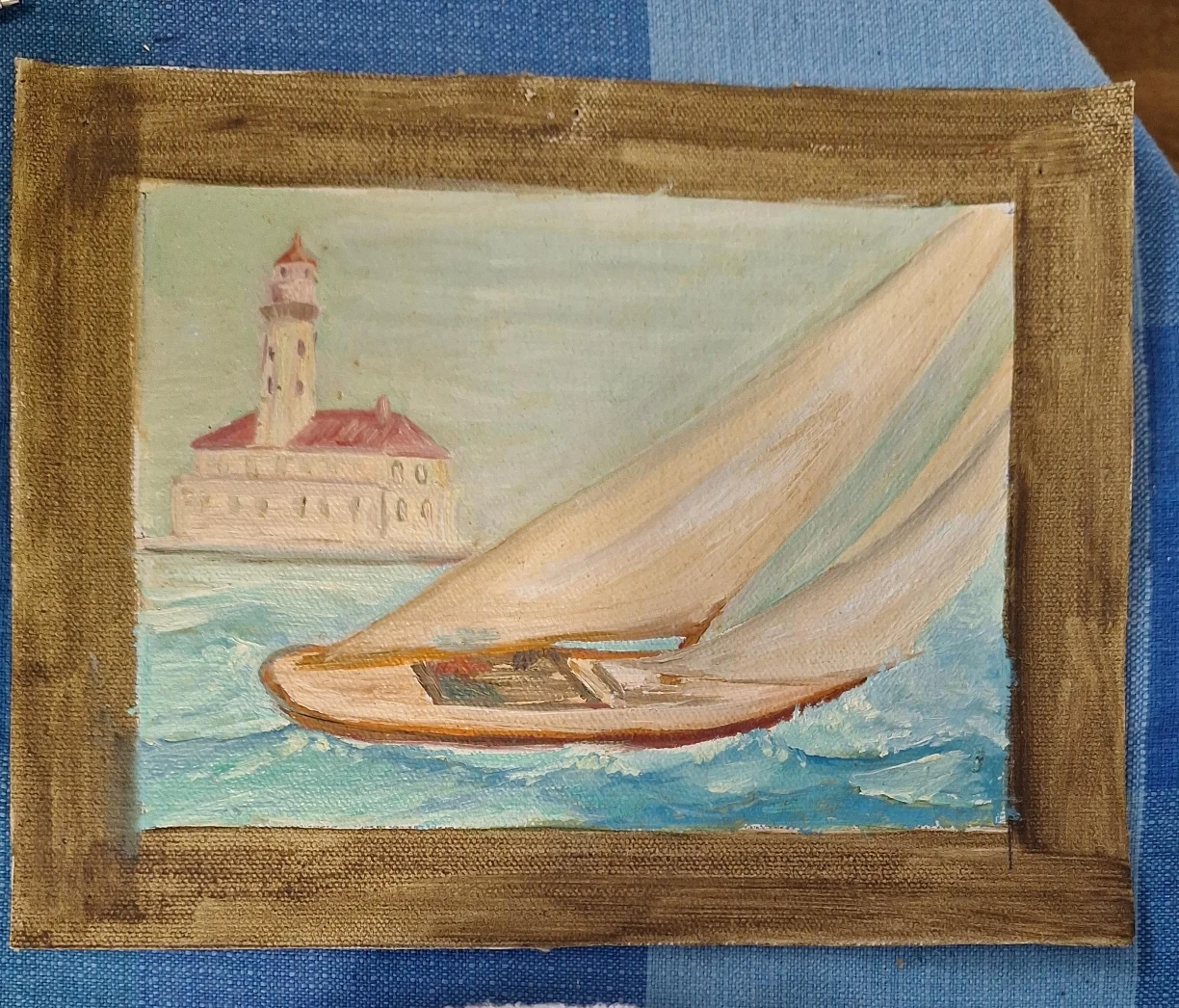 Vintage Oil Painting of Sailboat and Lighthouse