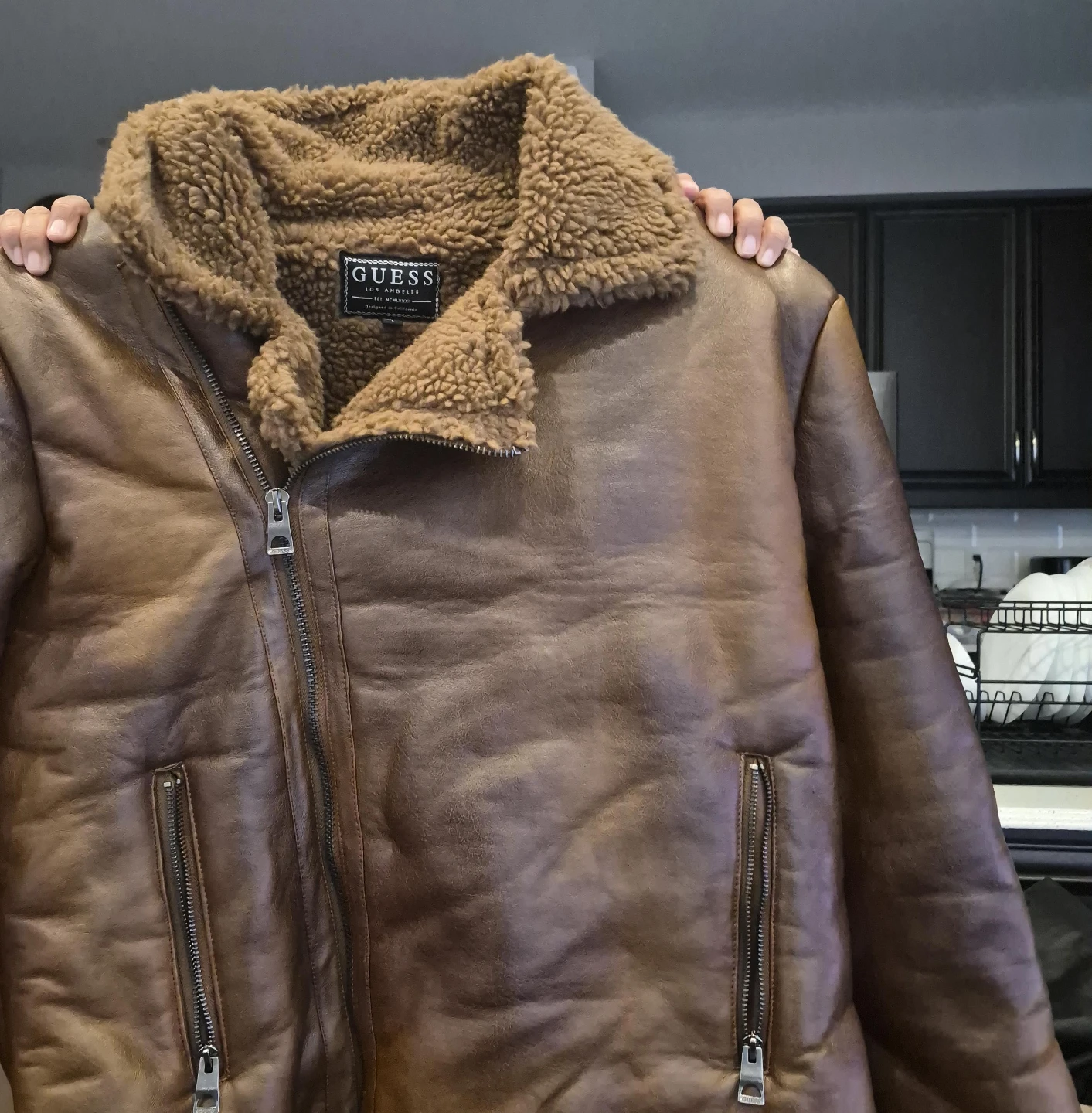 Guess Brown Faux Leather Sherpa Lined Bomber Jacket