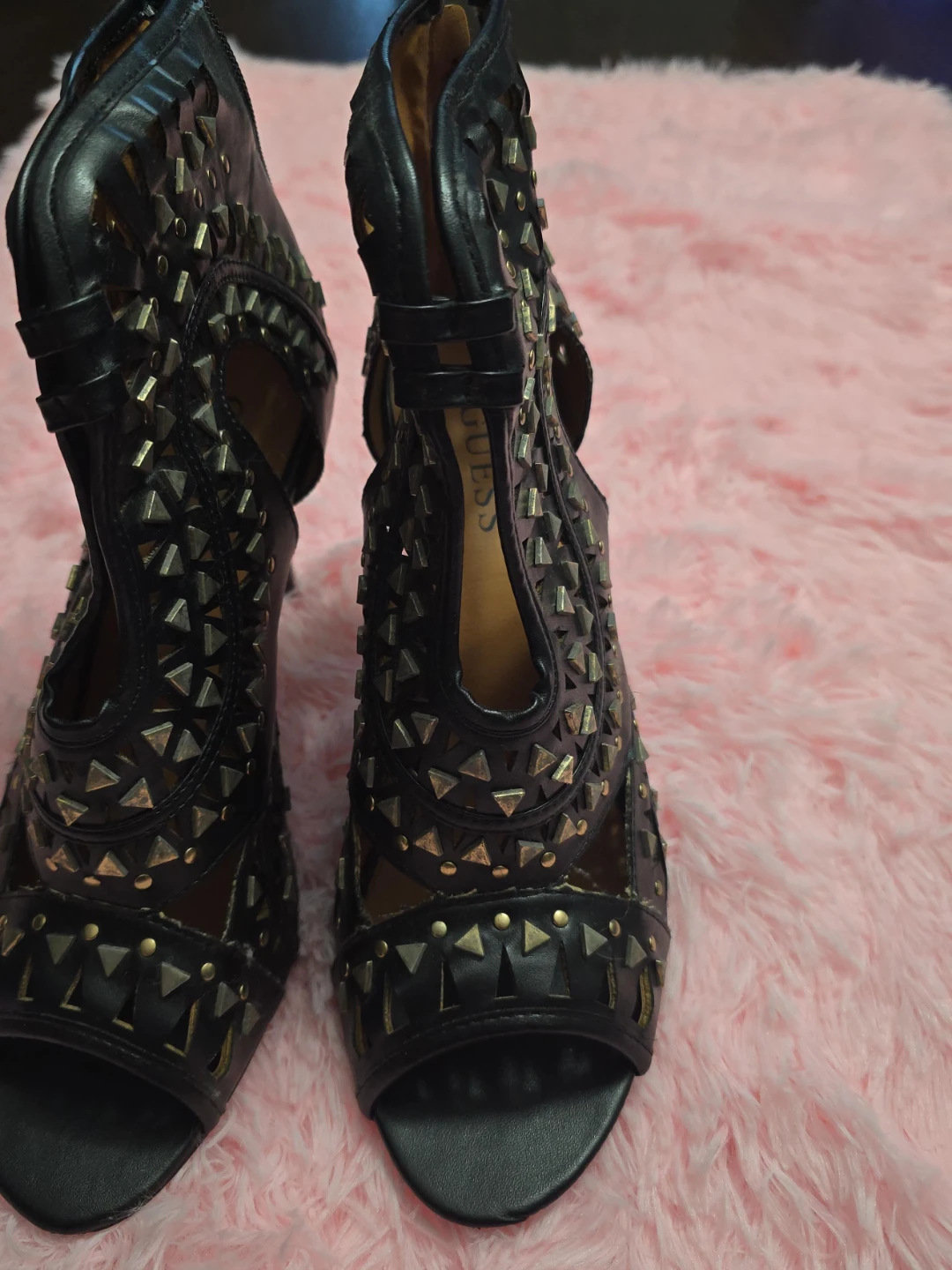 Black Studded Guess Peep-Toe Heels