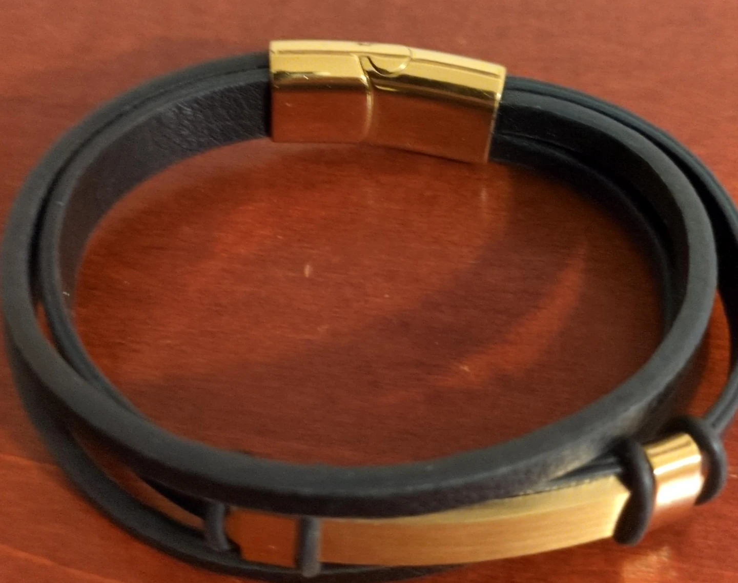 Black Leather Bracelet with Gold Clasp