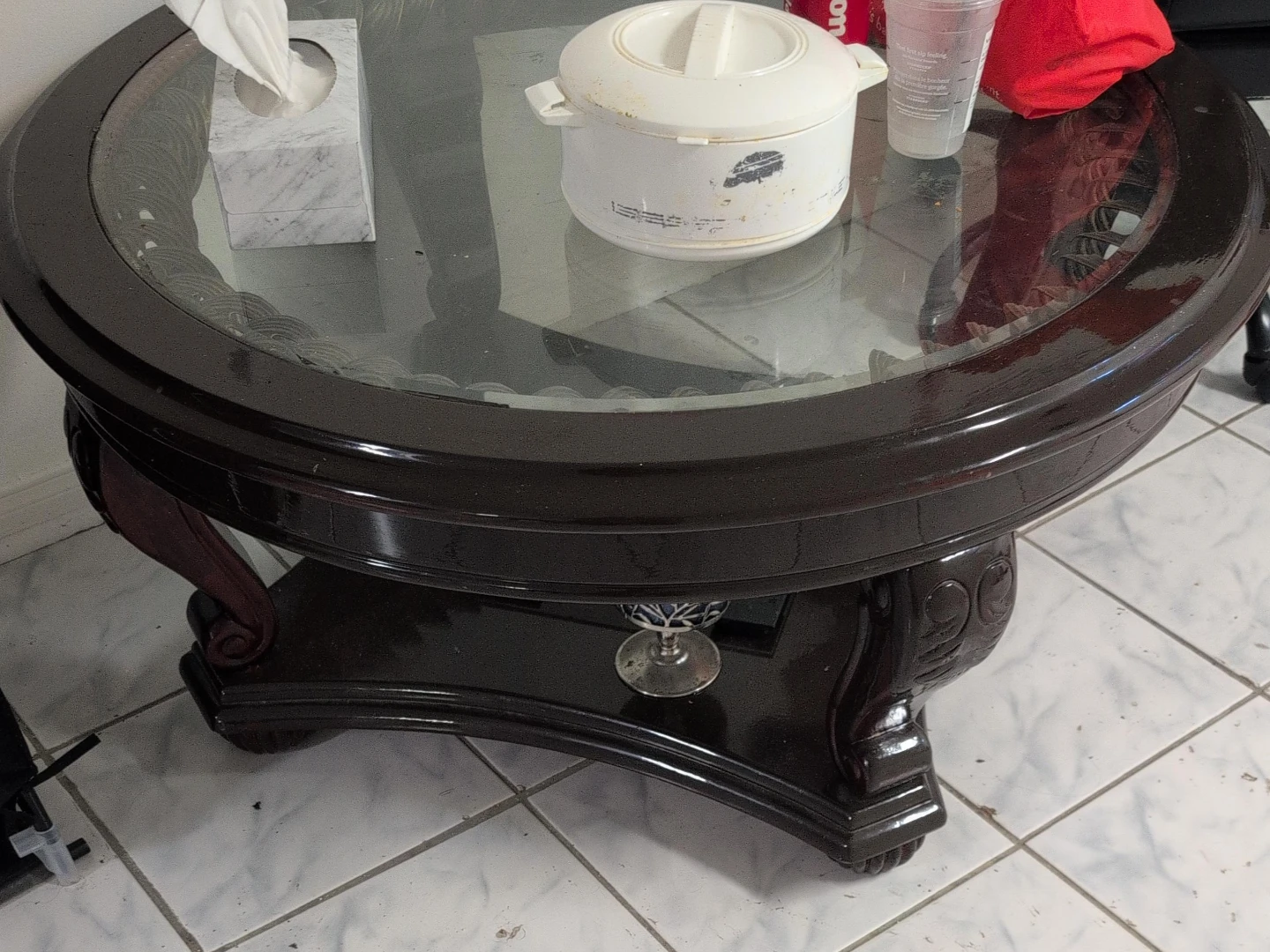 Dark Wood Round Coffee Table with Glass Top pick up as it