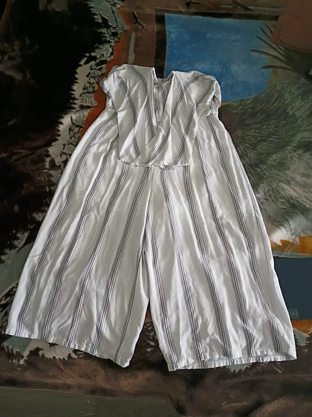 White and Blue Striped Wide-Leg Jumpsuit