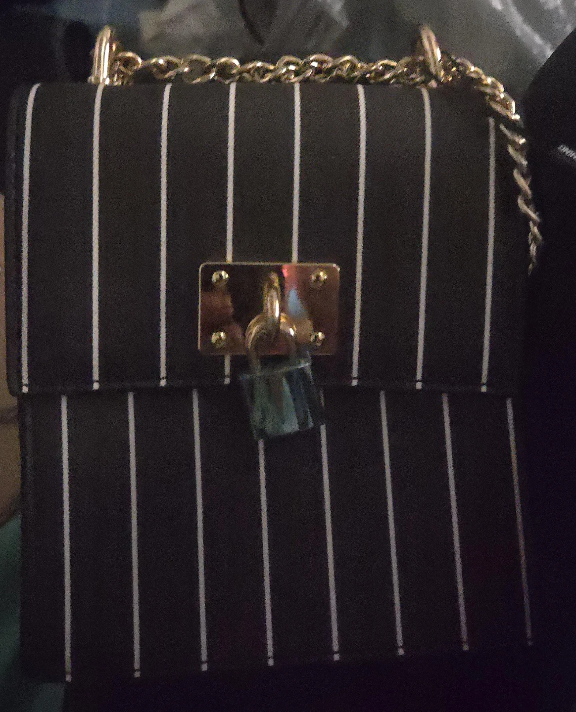 Black and White Striped Crossbody Bag with Gold Chain