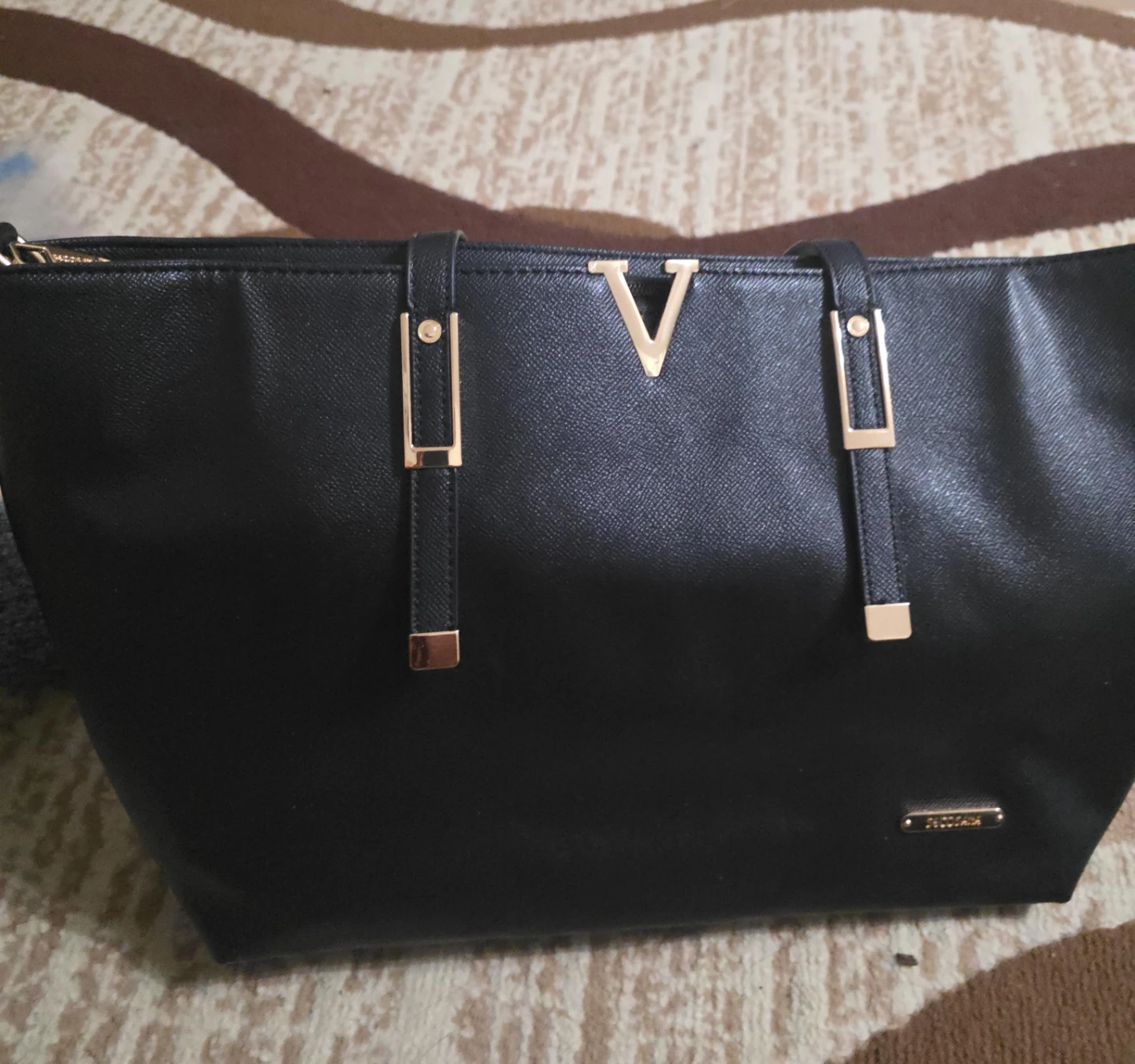Black Tote Bag with Gold V Accent