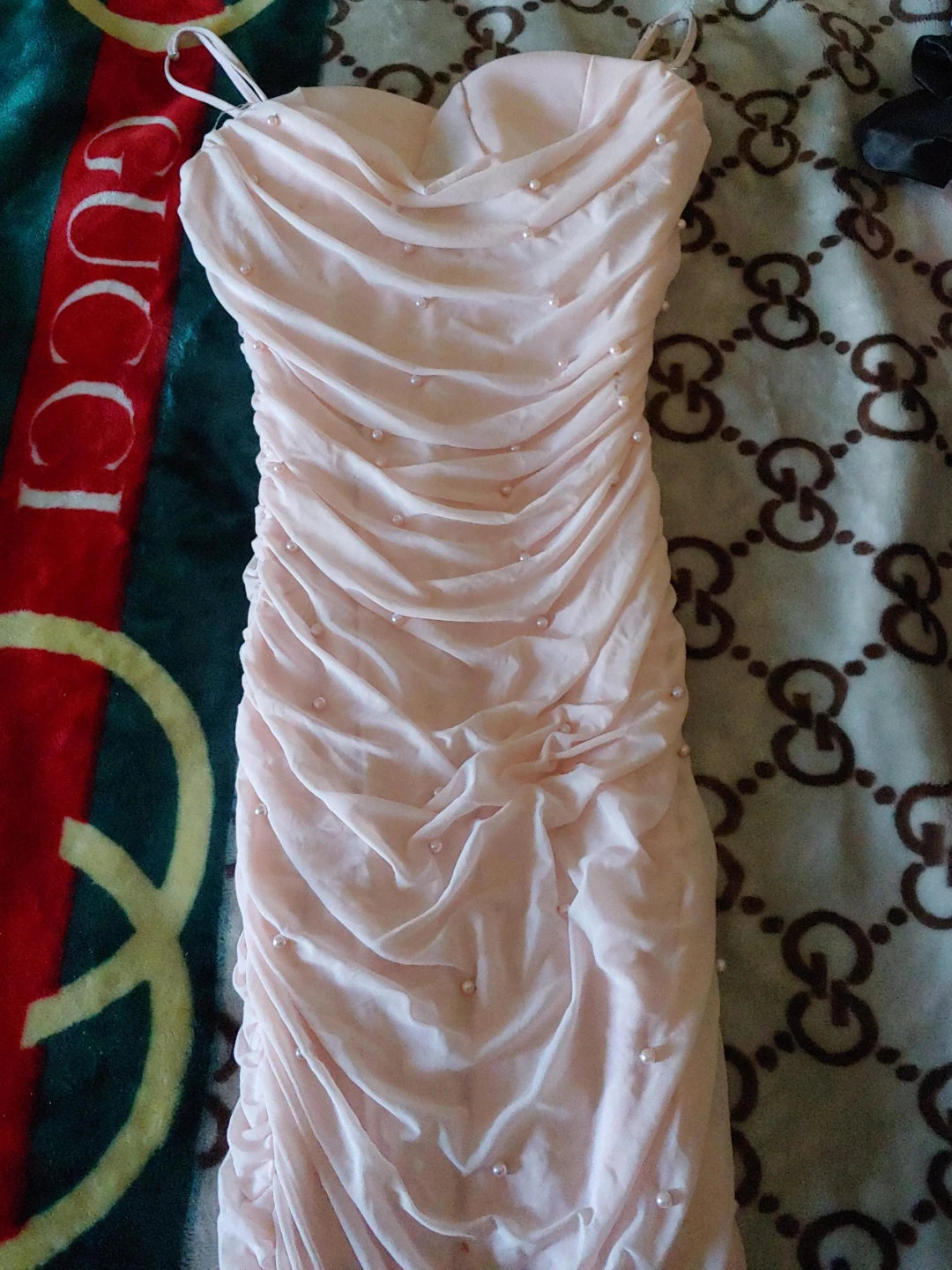 Pink Ruched Pearl Strapless Dress