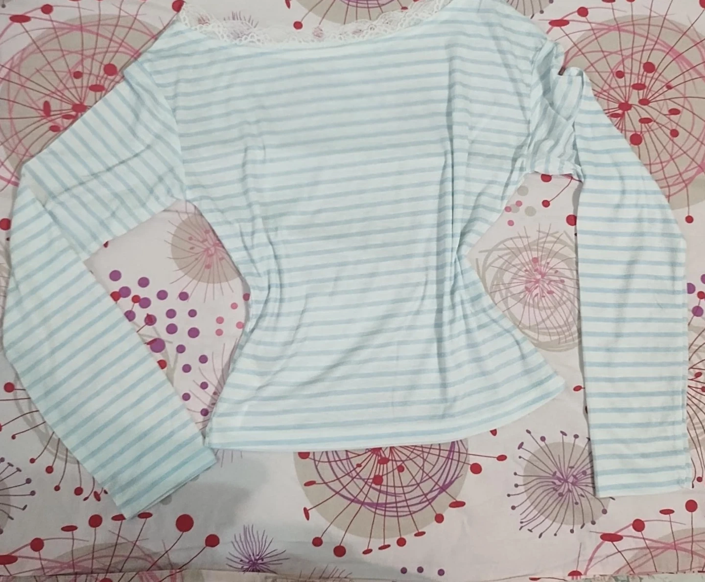 Light Blue Off-Shoulder Striped Long Sleeve Top