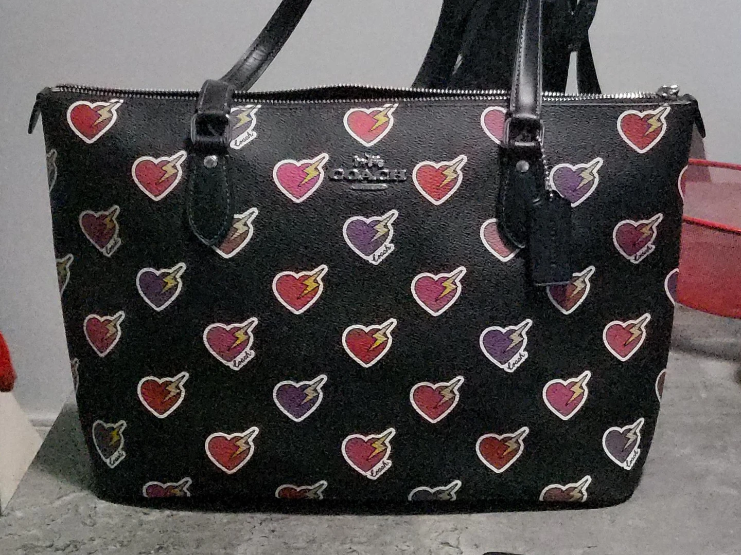 Coach Tote Bag with Heart & Lightning Bolt Print