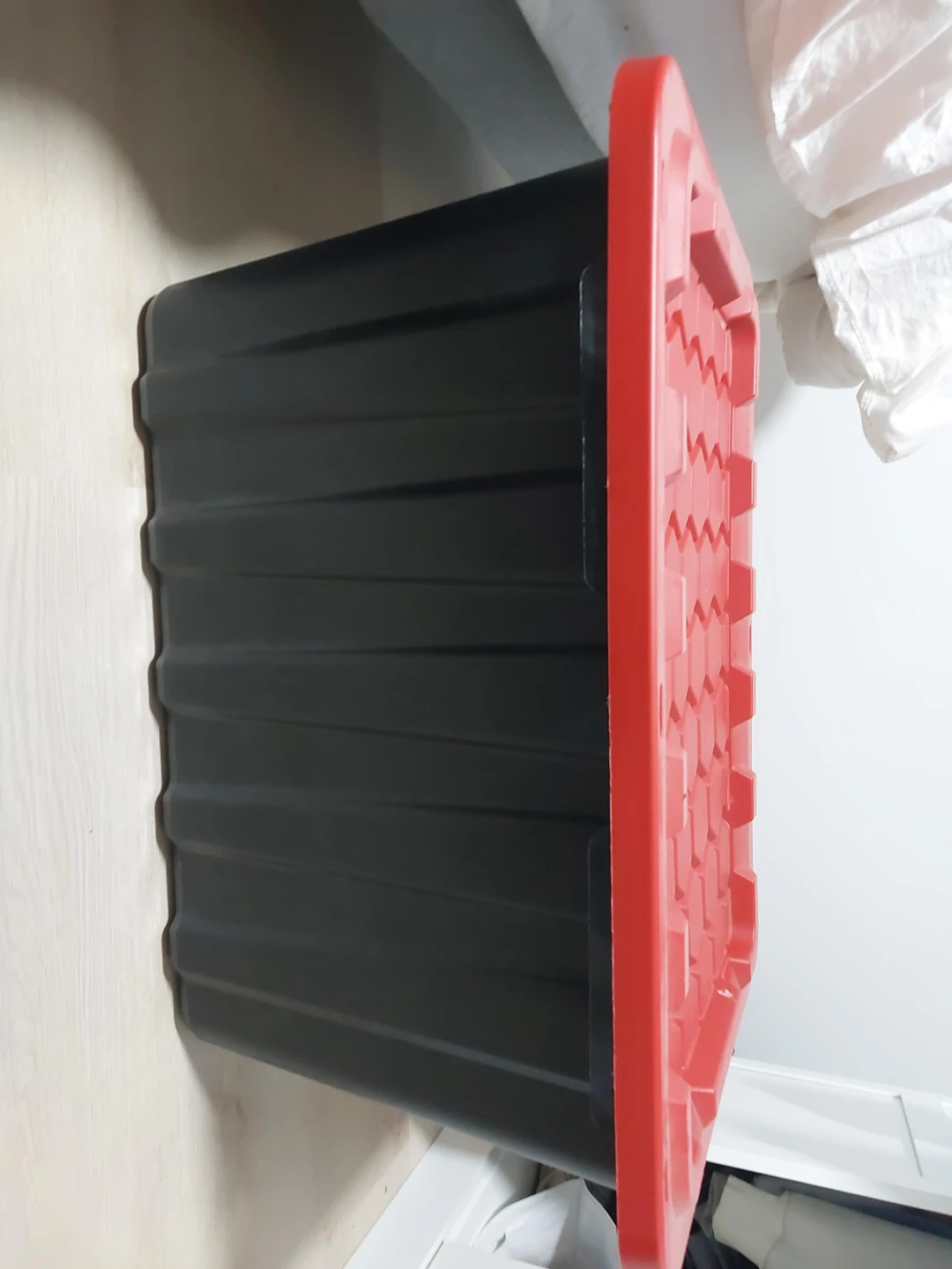 Black Storage Bin with Red Lid