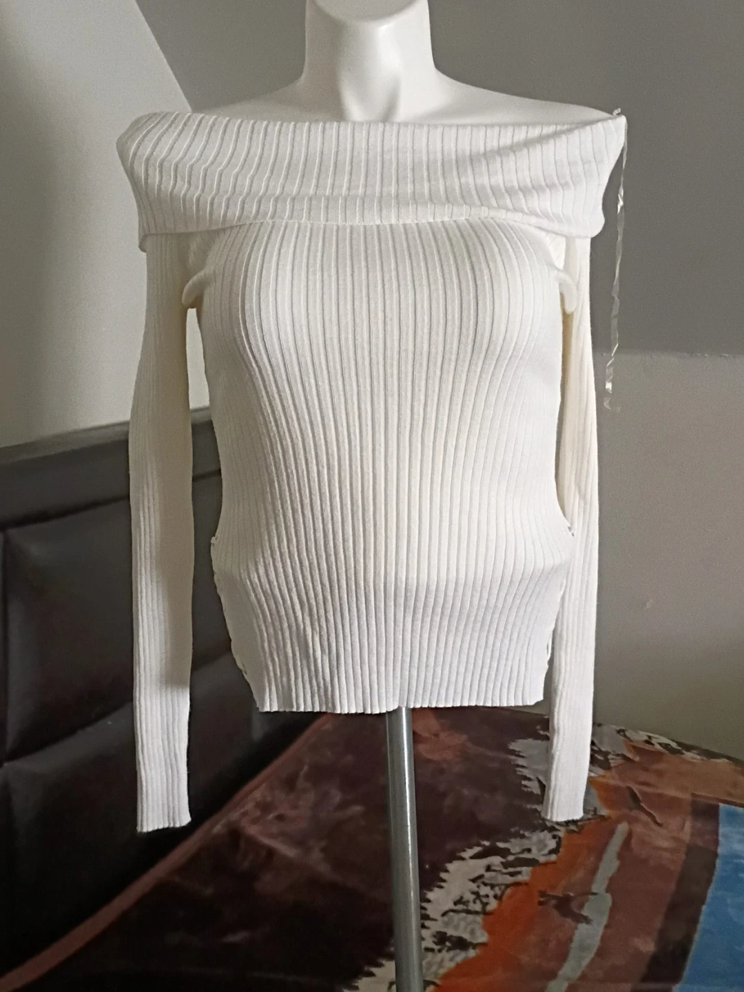 White Off-the-Shoulder Ribbed Sweater