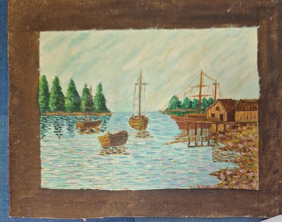 Oil Painting of Harbor Scene with Boats