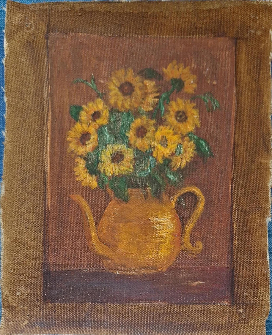 Oil Painting of Sunflowers in a Teapot