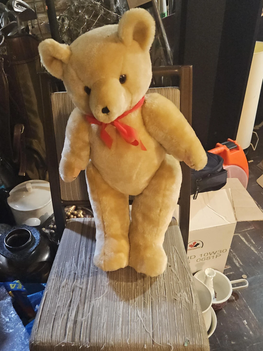 Classic Tan Teddy Bear with Red Bow
